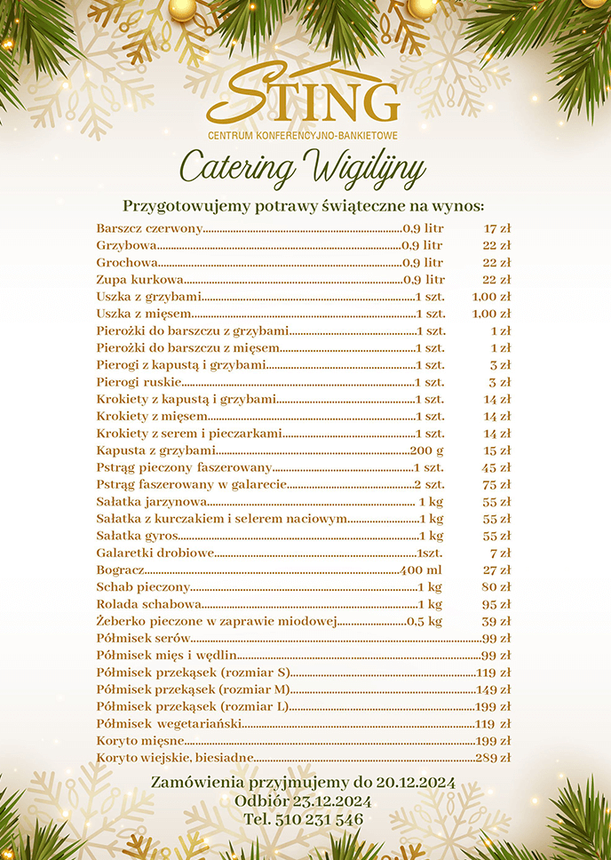 Catering wigilijny Mszana Dolna Bistro Sting na rok 2024