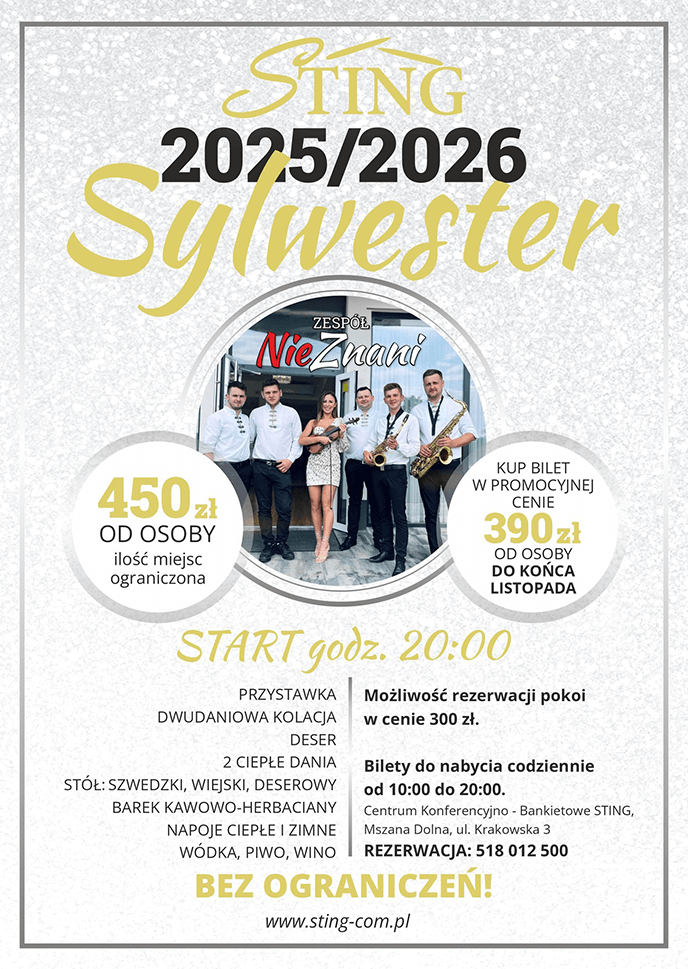 Sylwester 2025 Mszana Dolna Sting plakat
