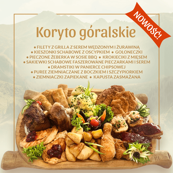Gorące koryto góralskie z pieczonymi mięsami i dodatkami. Catering na imprezy okolicznościowe od Sting Bistro w Mszanie Dolnej.