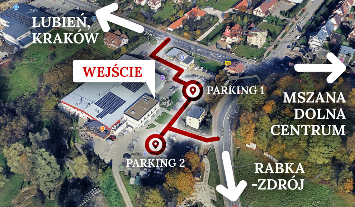 Mapa dojazdu do Sali Weselnej Sting Mszana Dolna. Wjazd na parking od strony Rabki i Lubnia