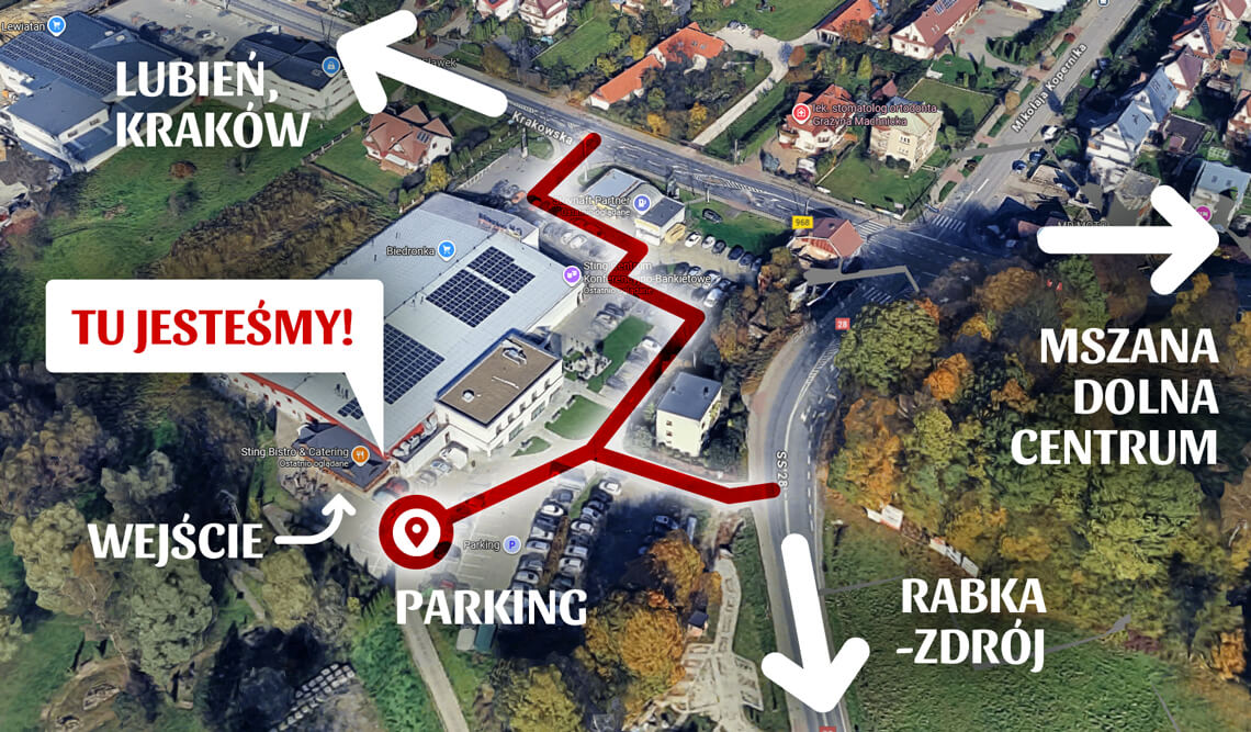 Mapa dojazdu na parking Sting Bistro & Catering w Mszanie Dolnej. Strzałki pokazują wjazd od strony Rabki-Zdrój oraz objazd budynku Biedronki od strony Lubnia.