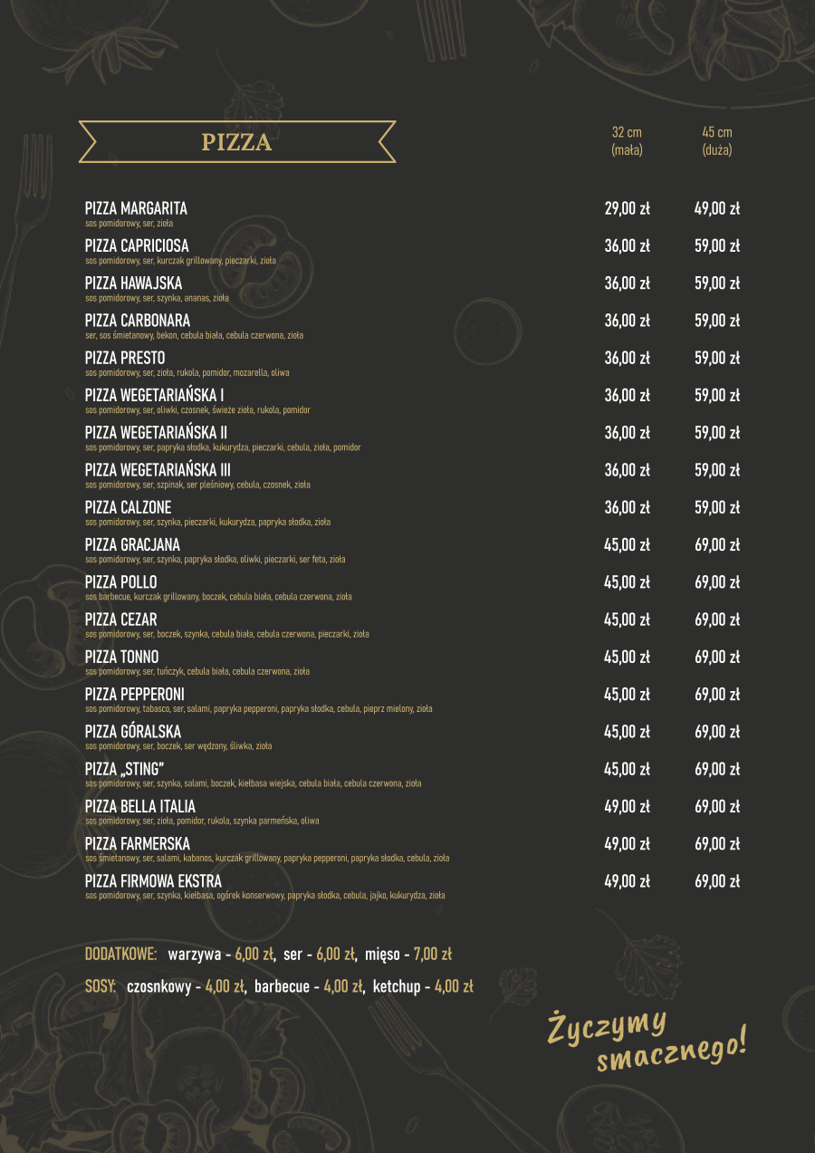 Cennik pizza Mszana Dolna - Karta menu pizzy w Sting Bistro & Catering