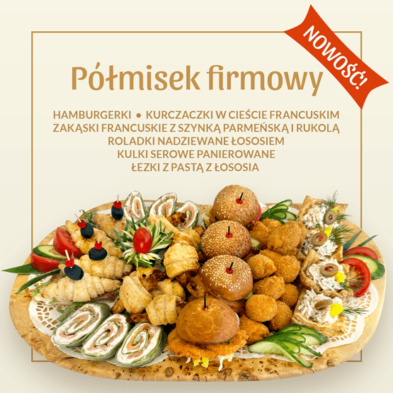 Półmisek firmowy z zimnymi przekąskami i mini burgerami. Gotowy catering na domówki i przyjęcia w Mszanie Dolnej oraz okolicach.